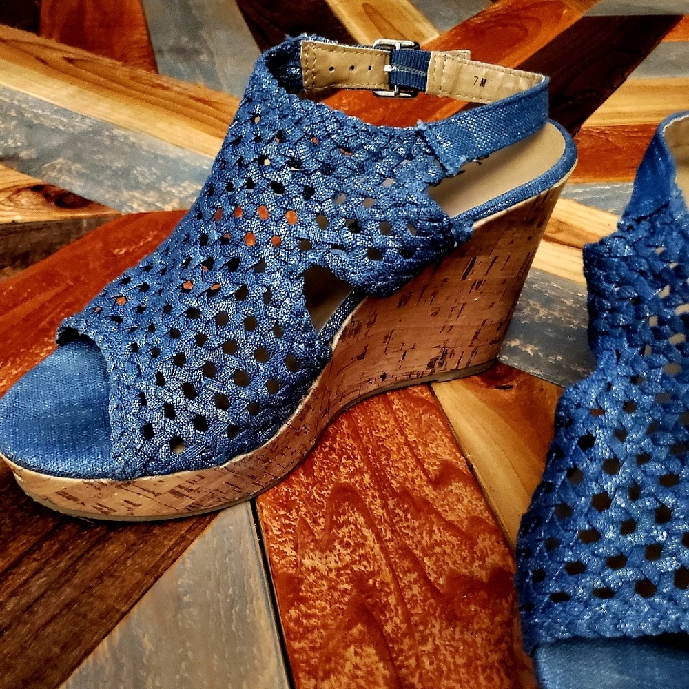 ⚠️ 2/$20 - GUC Denim Metallic Cork Wedge Heels